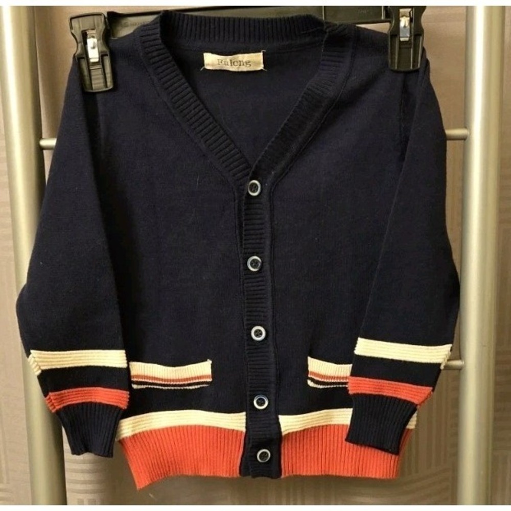 Fulong V-Neck Cardigan Sweater Kids 4T Blue Rust Ivory Button Up